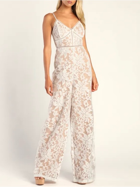 Lulus Pants - Lulu’s White/Nude Lace Overlay Jumpsuit